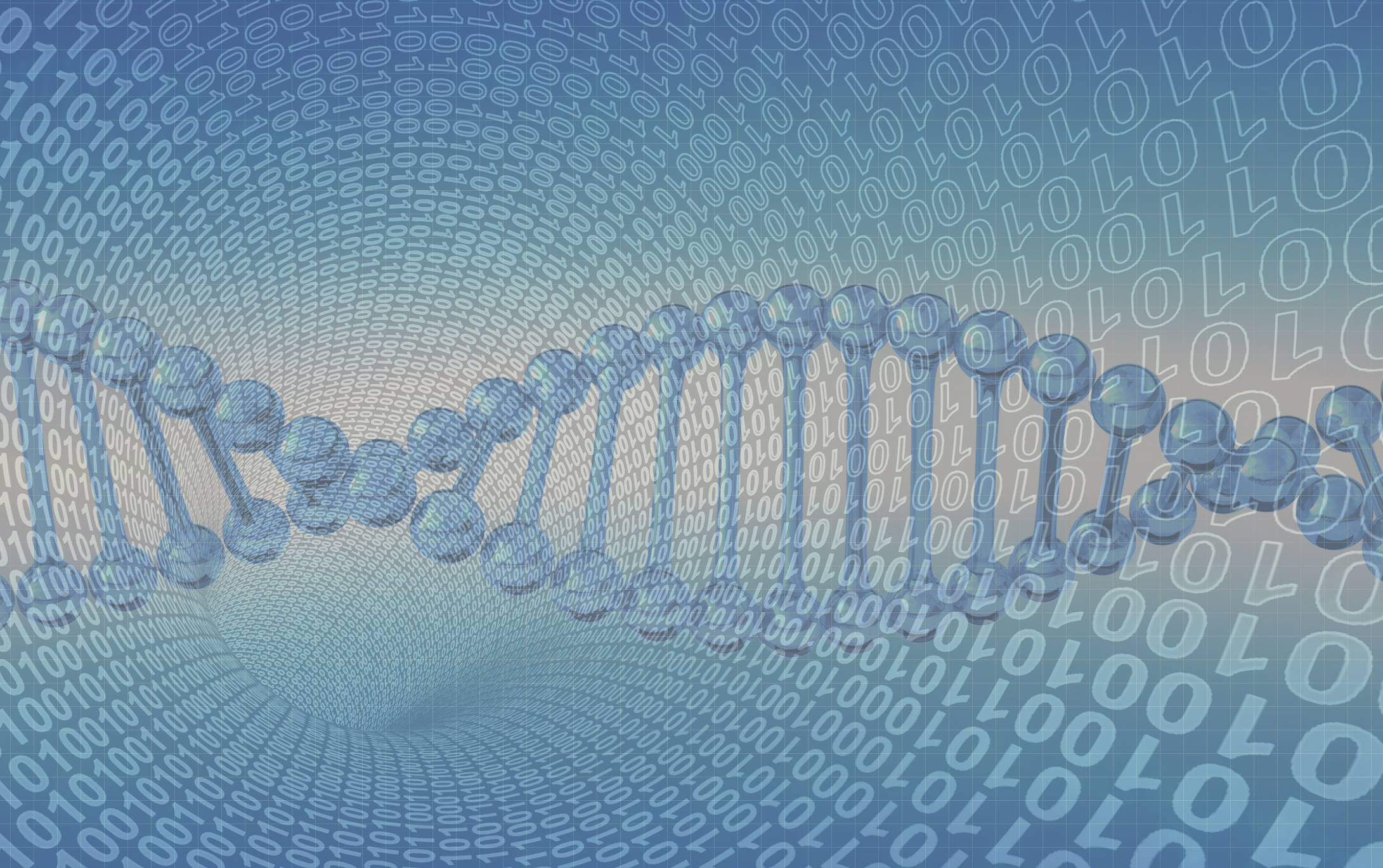 stylized DNA molecule on a background of binary code