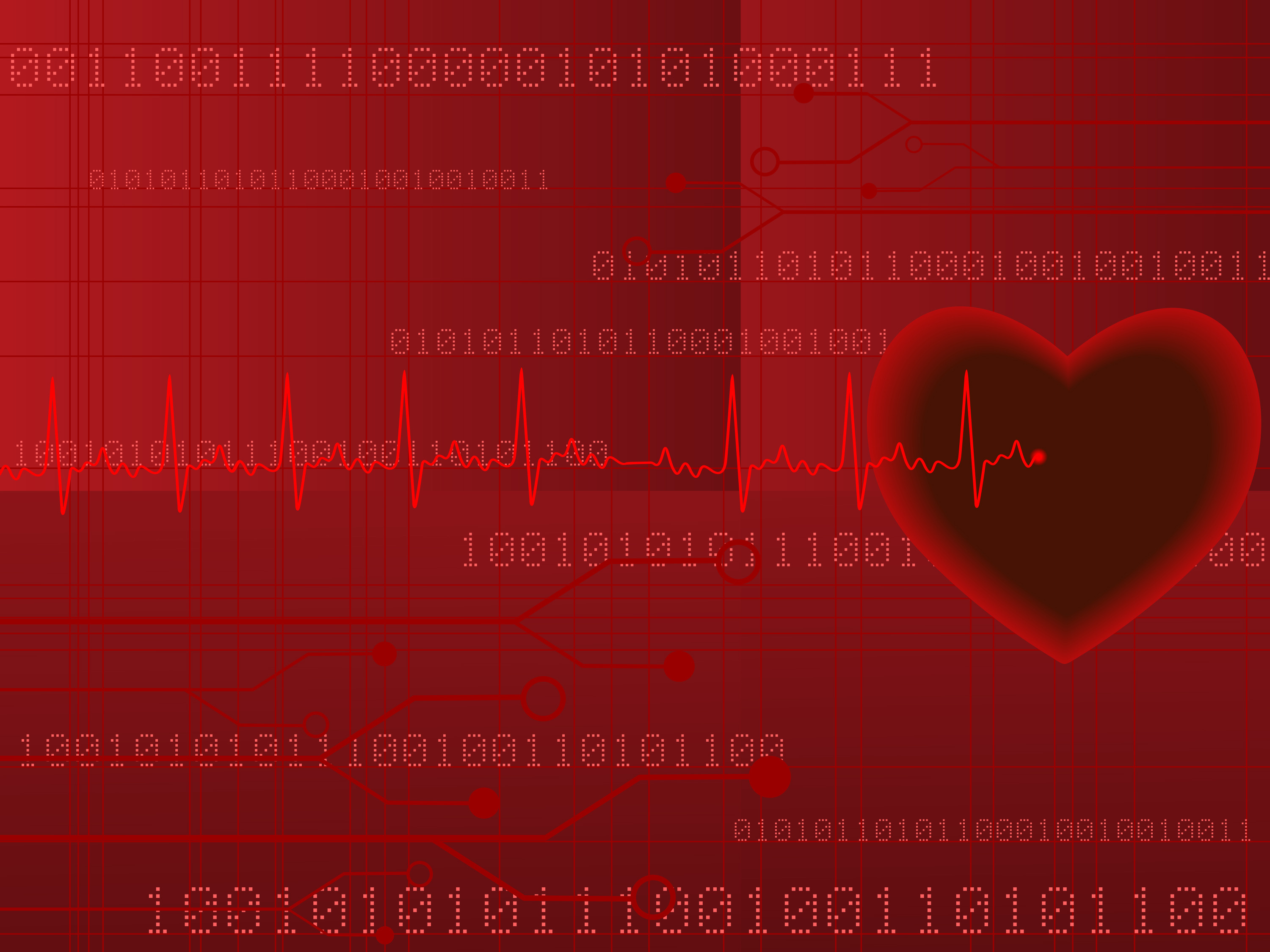 graphic of binary code, EKG output, and heart