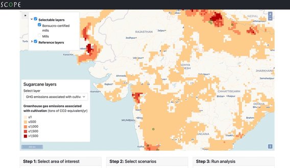 screenshot of SCOPE tool showing sugar cane-growing regions highlighted on map