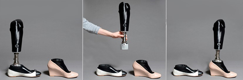photos of artificial leg being fitted into foot shapes with different heel heights