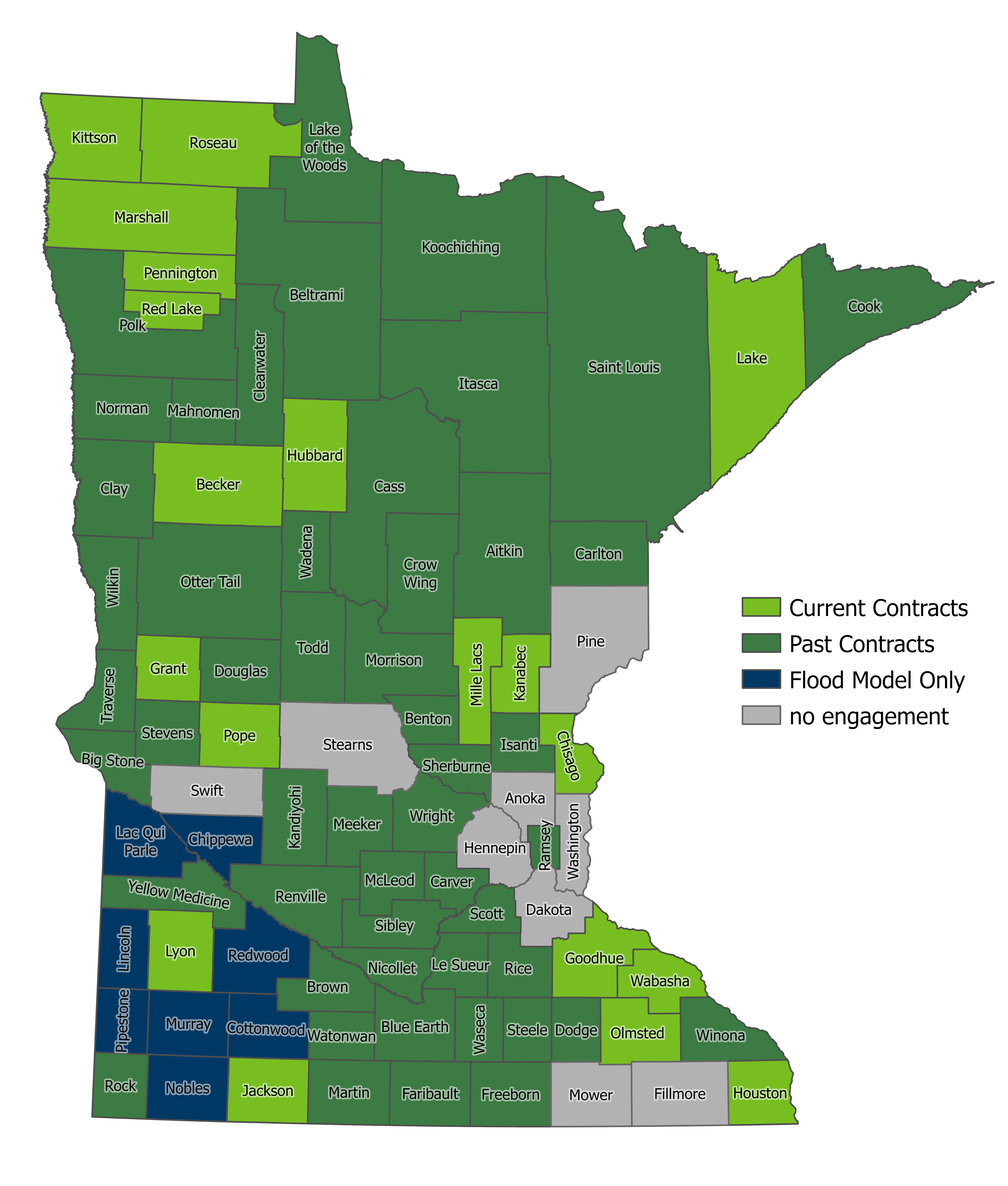 A map of Minnesota counties showing those that have worked with U-Spatial to prepare their hazard mitigation plan updates