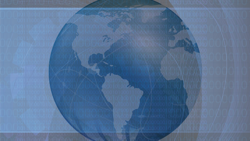 image of western hemisphere of globe overlaid with binary code