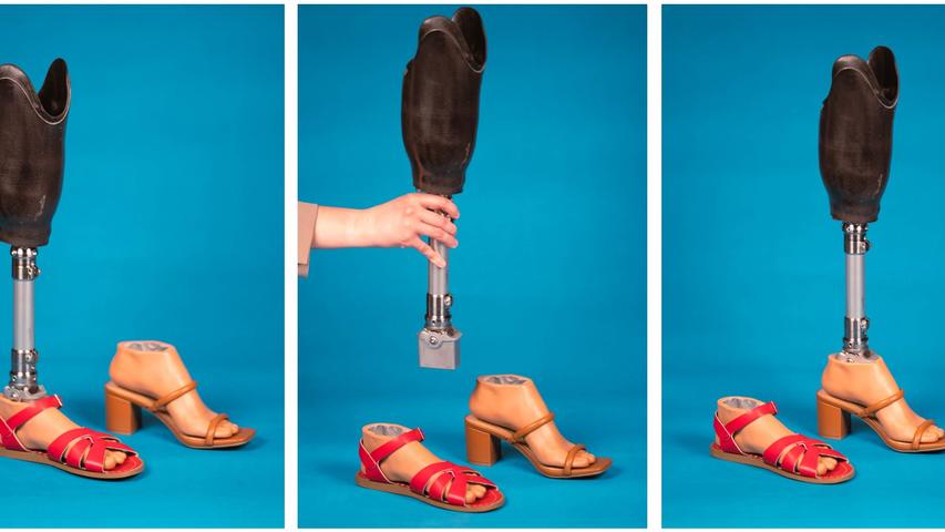 photos of prosthetic leg being transferred from a flat shoe to a shoe with a high heel